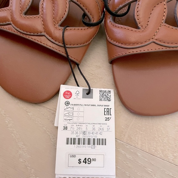 Zara Brown Leather Flat Sandals - Picture 2 of 5